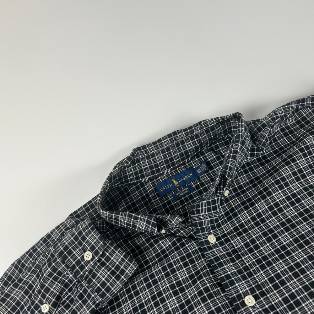 Ralph Lauren Mens 2XL Tall Black White Plaid Cotton Stretch Button Down Shirt